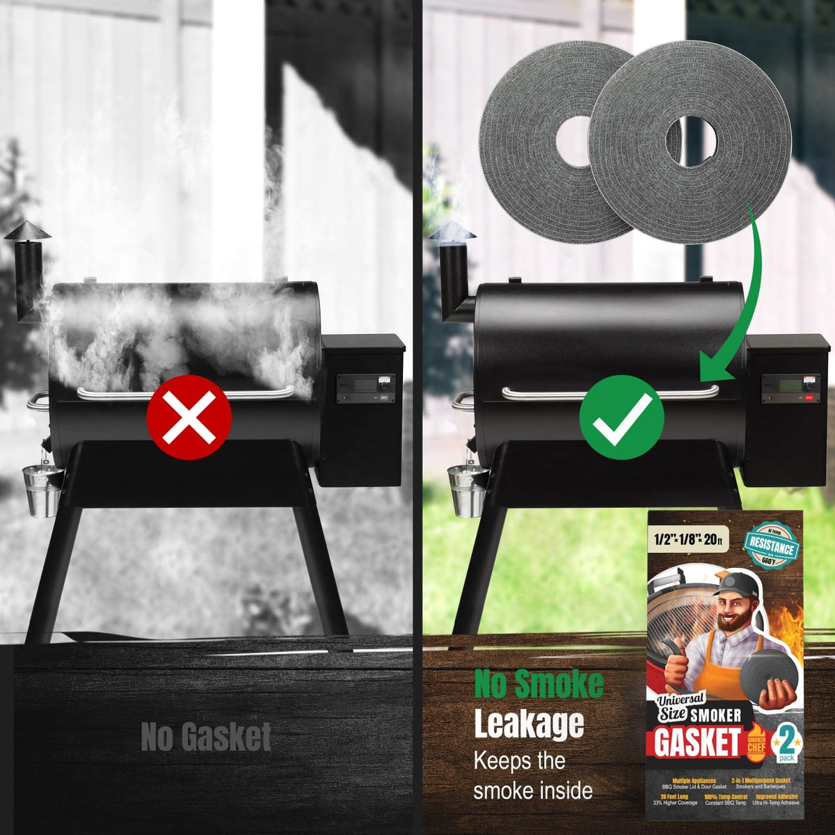Smoker Chef adhesive gasket prevents smoke leakage during grilling sessions