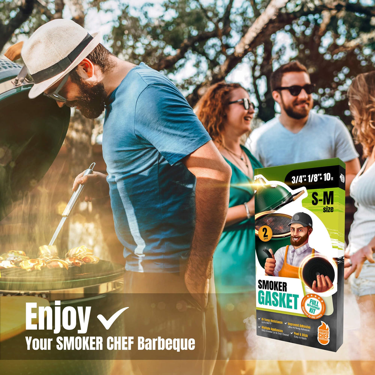 Smoker Chef gasket reduces smoke leaks for richer barbecue flavor.