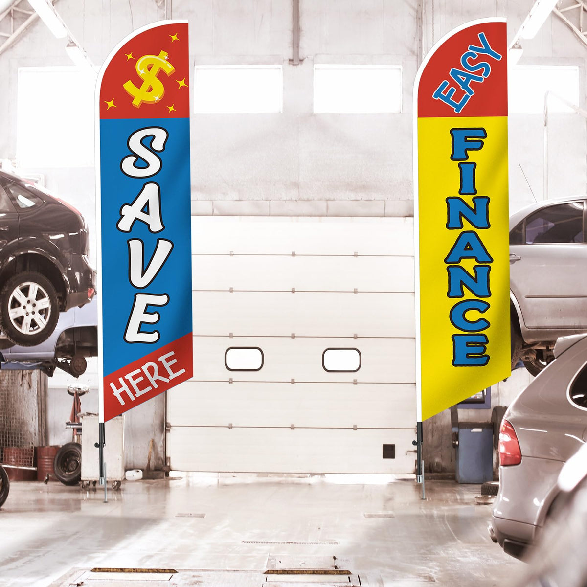 SmoothNovelty car-shop flag windless swooper pattern E improves on-site visibility from afar.