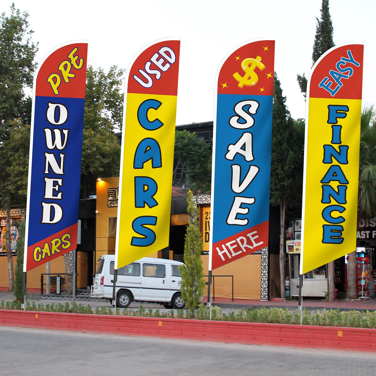 SmoothNovelty used-car ad flag windless swooper pattern G supports quick shopper recognition.