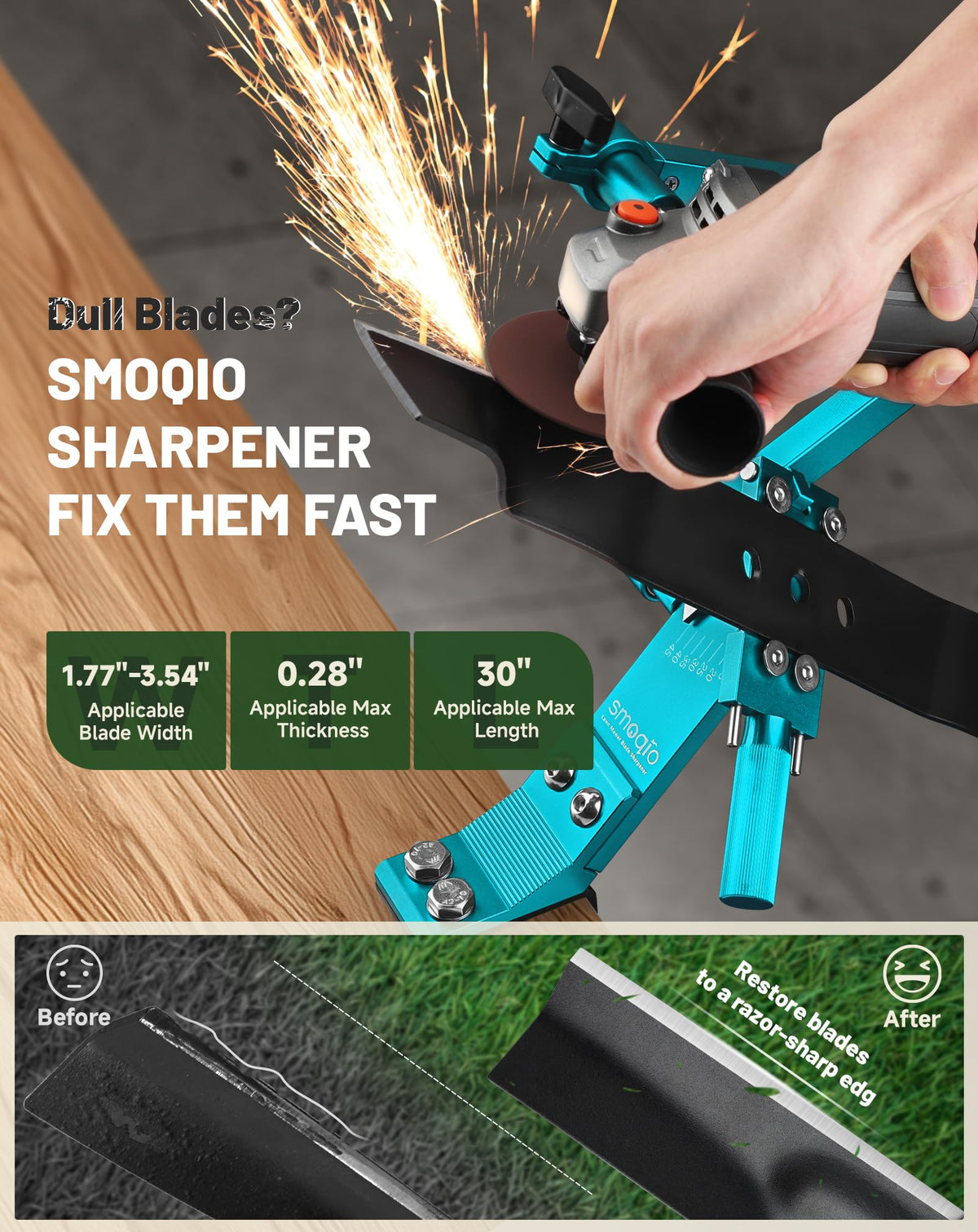 SMOQIO balancer checks blade balance for even mowing and reduced vibration.