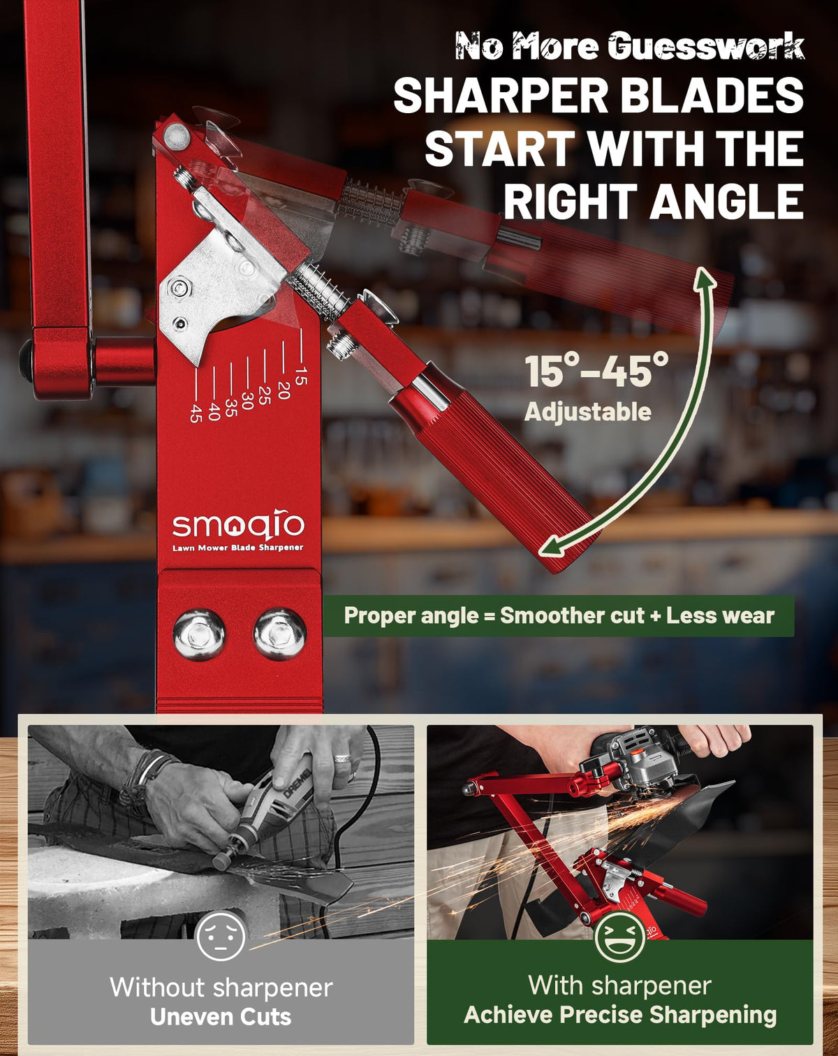 SMOQIO blade sharpener guide arm with bearings showing smooth, consistent grinding