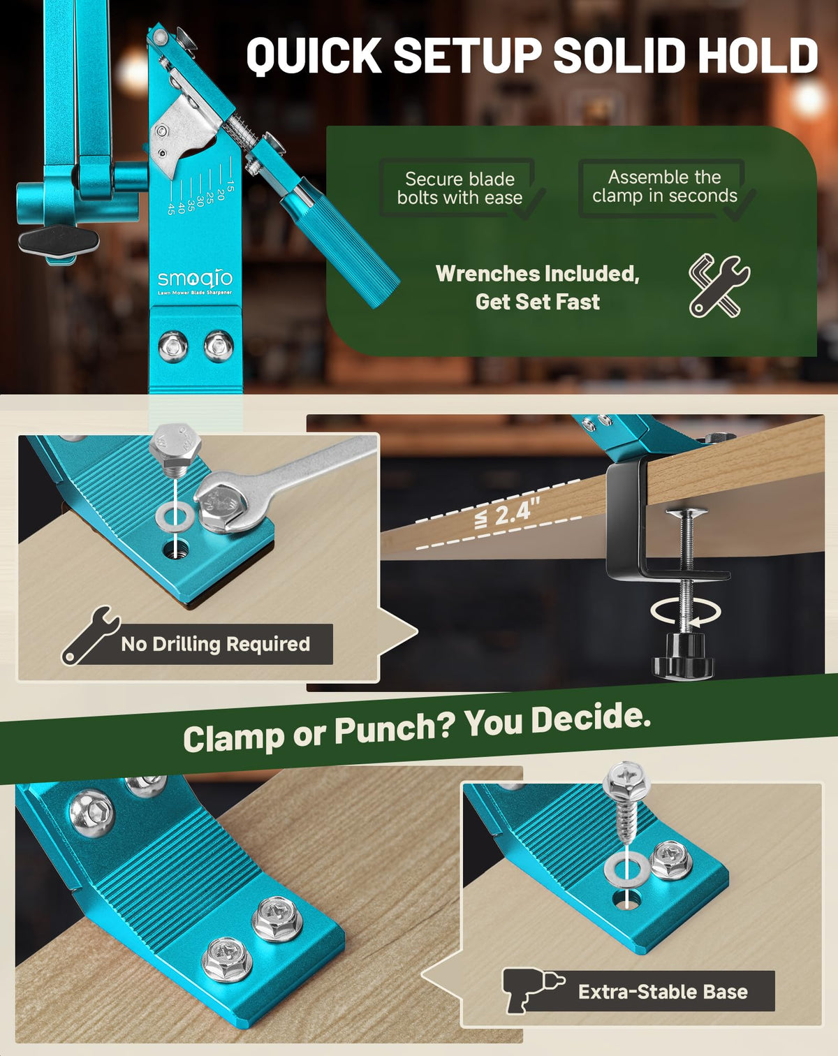SMOQIO sharpener demonstrates precision angle control from 15 to 45 degrees.