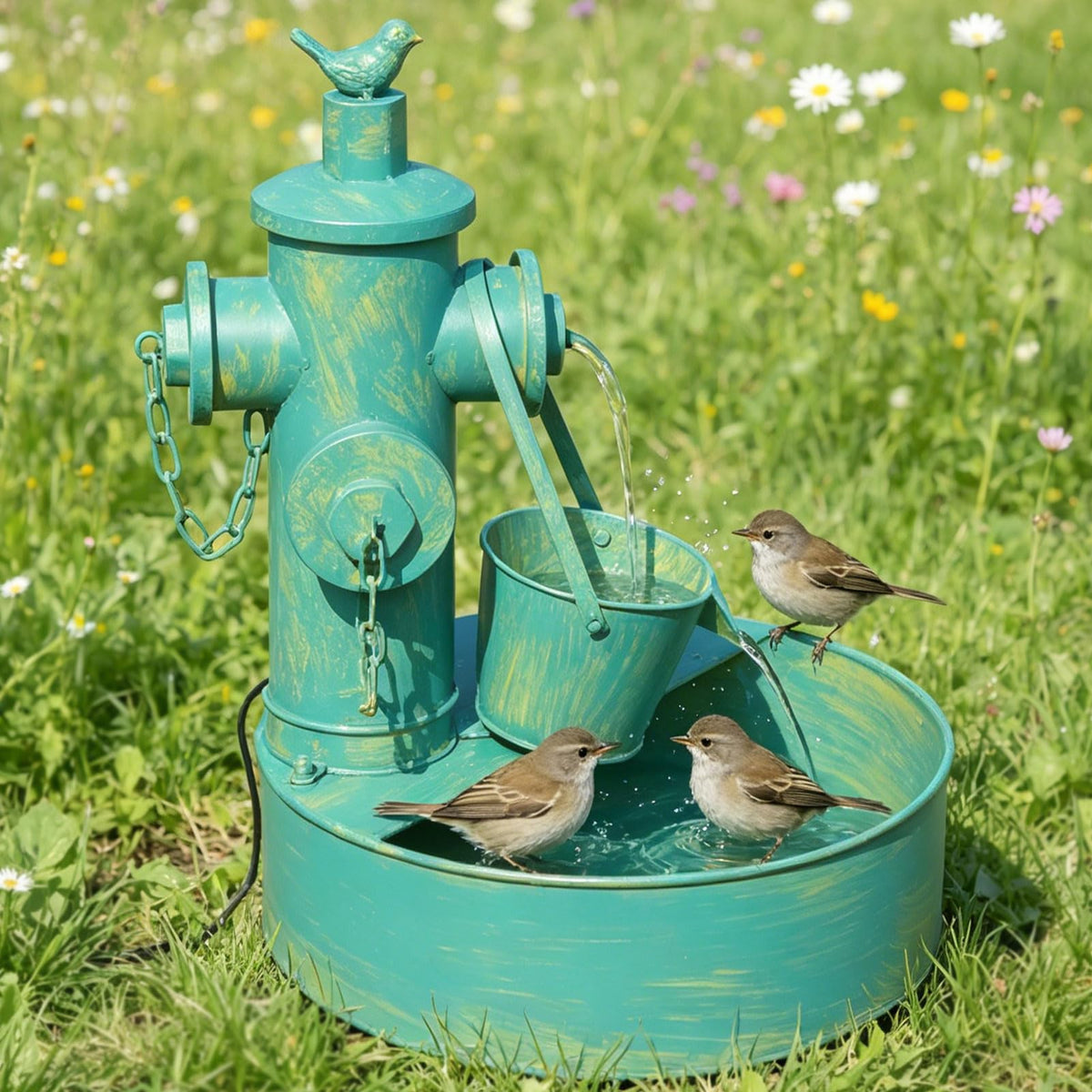 SMQLJXC solar water fountain with backup battery powering garden serenity after sunset