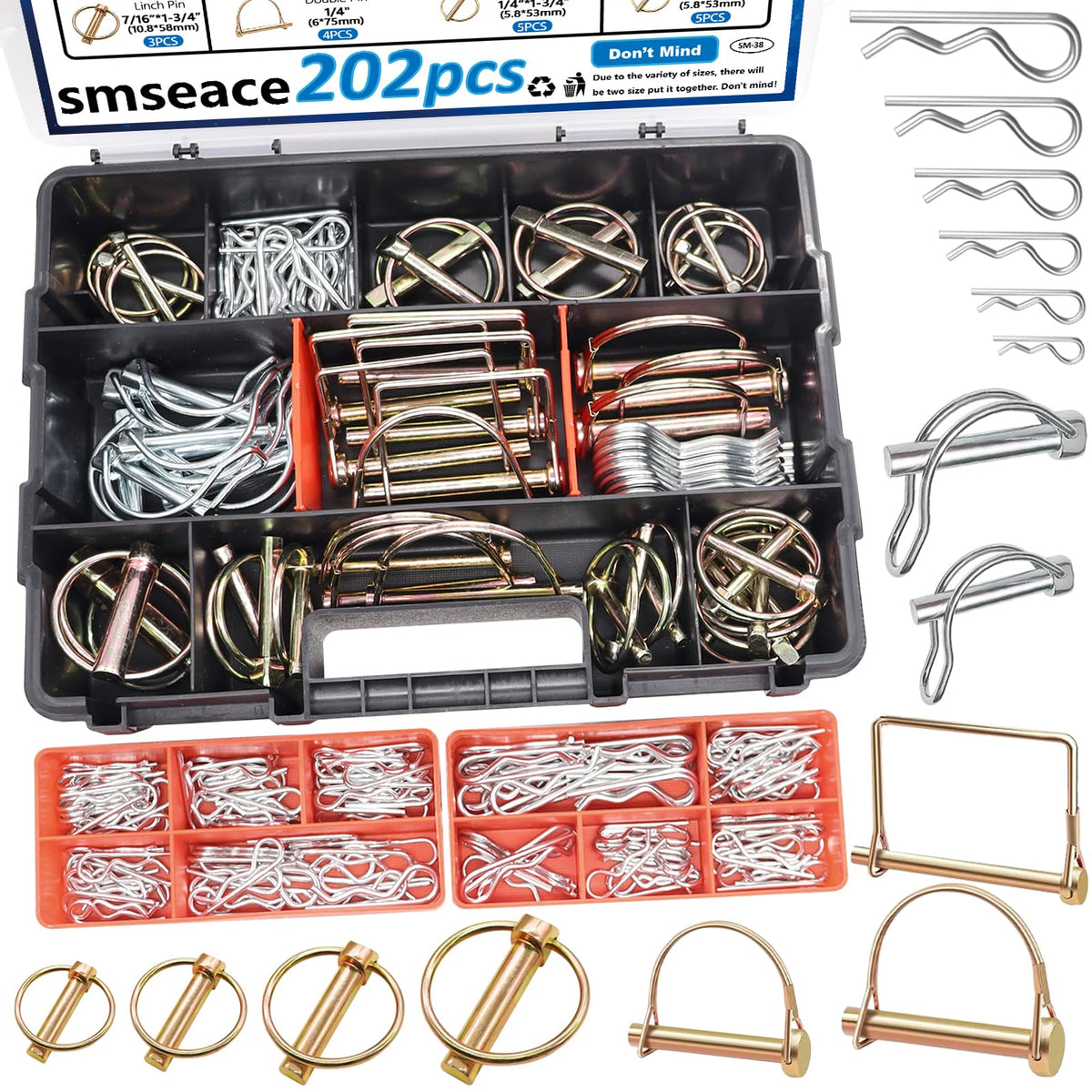 Smseace 202pcs hitch pins kit in a sturdy case for organized trailer maintenance.