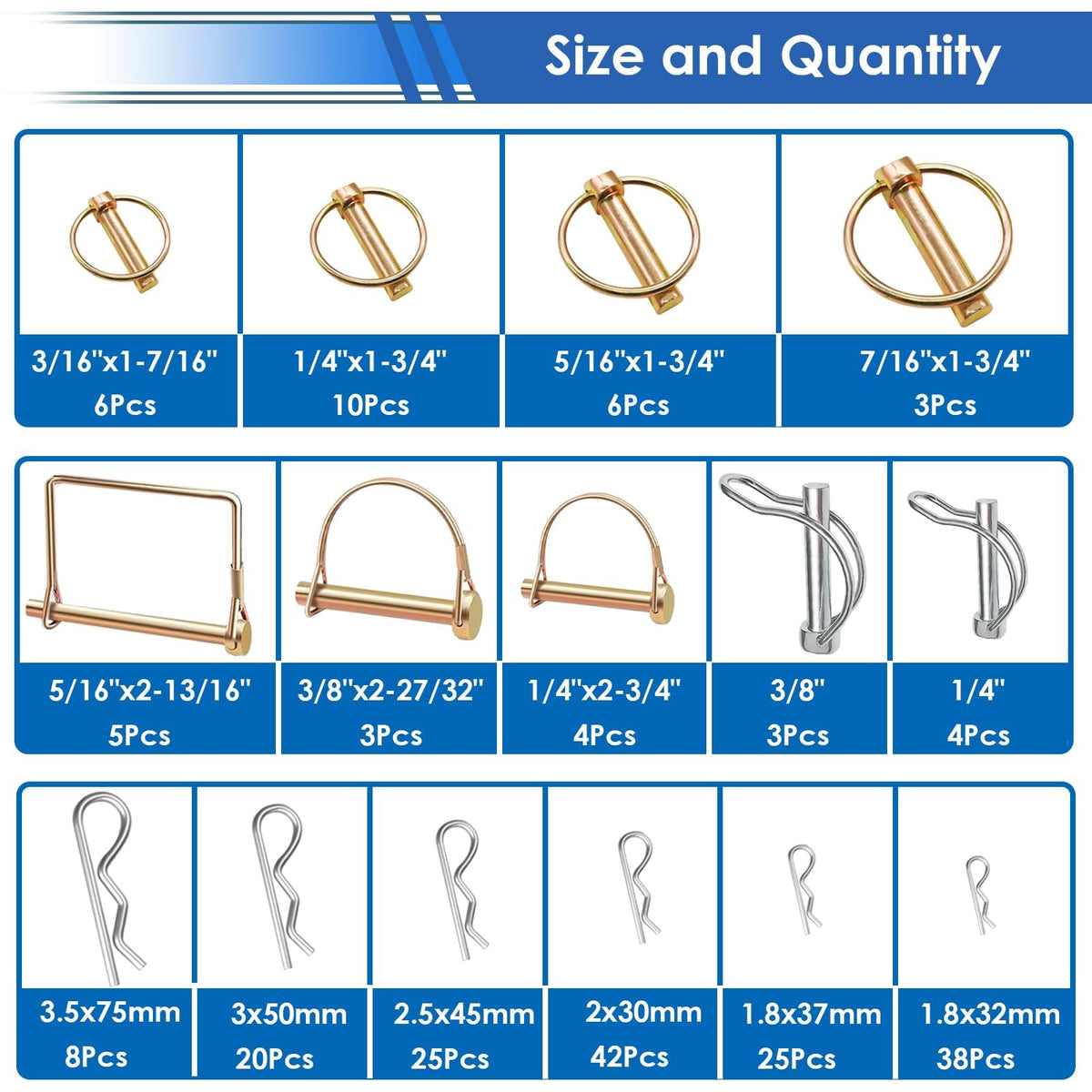 Smseace lynch pins and cotter pins for secure hitch locking during equipment use.