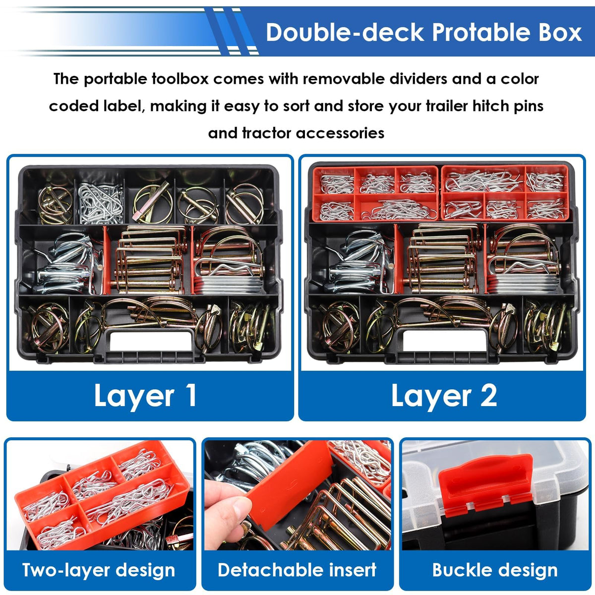 Smseace trailer hitch pin toolbox with color-coded dividers for easy sorting.