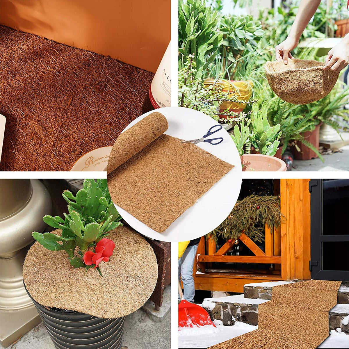 SMYAXUNW coconut fiber pad shown as pet-friendly mat under plant pots.