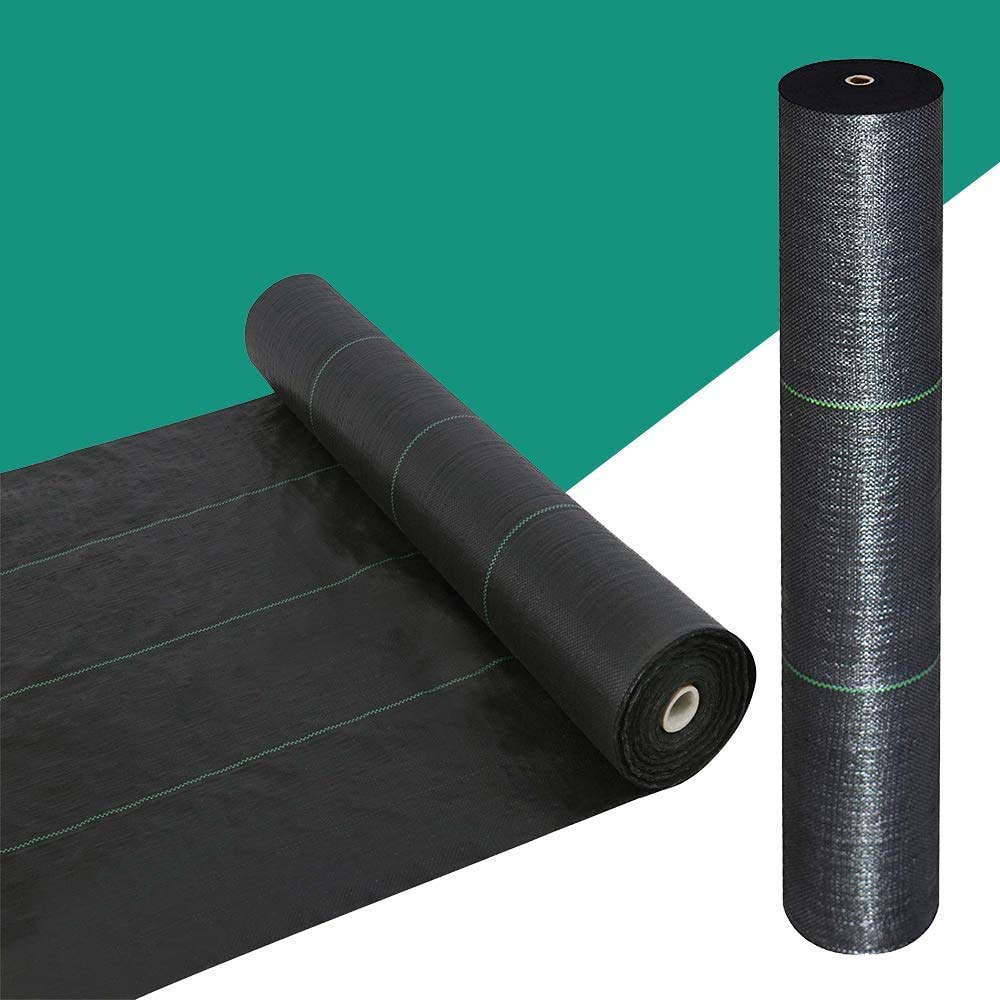 Snail weed barrier fabric with green stripes for easy alignment and weed suppression while allowing airflow.