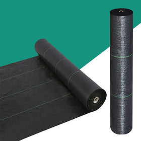 Snail weed barrier fabric with green stripes for easy alignment and weed suppression while allowing airflow.