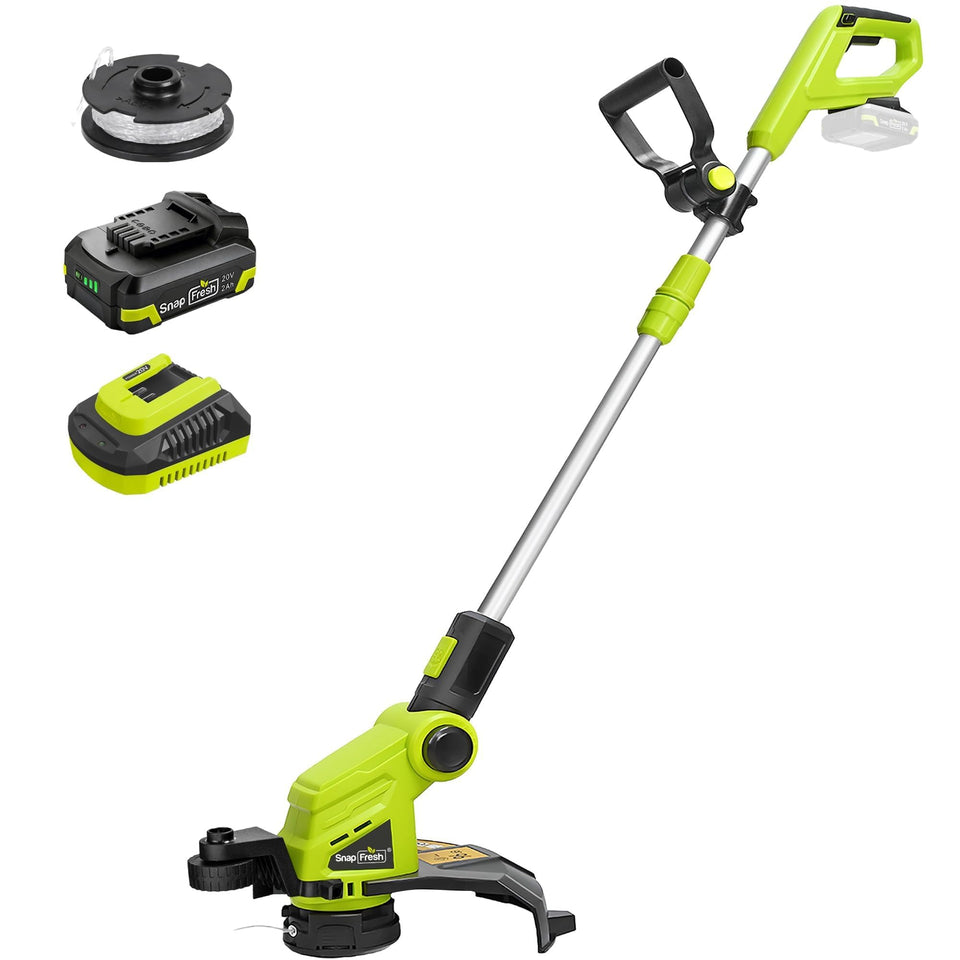 SnapFresh 20V cordless string trimmer with 12-inch cutting path for precise edging