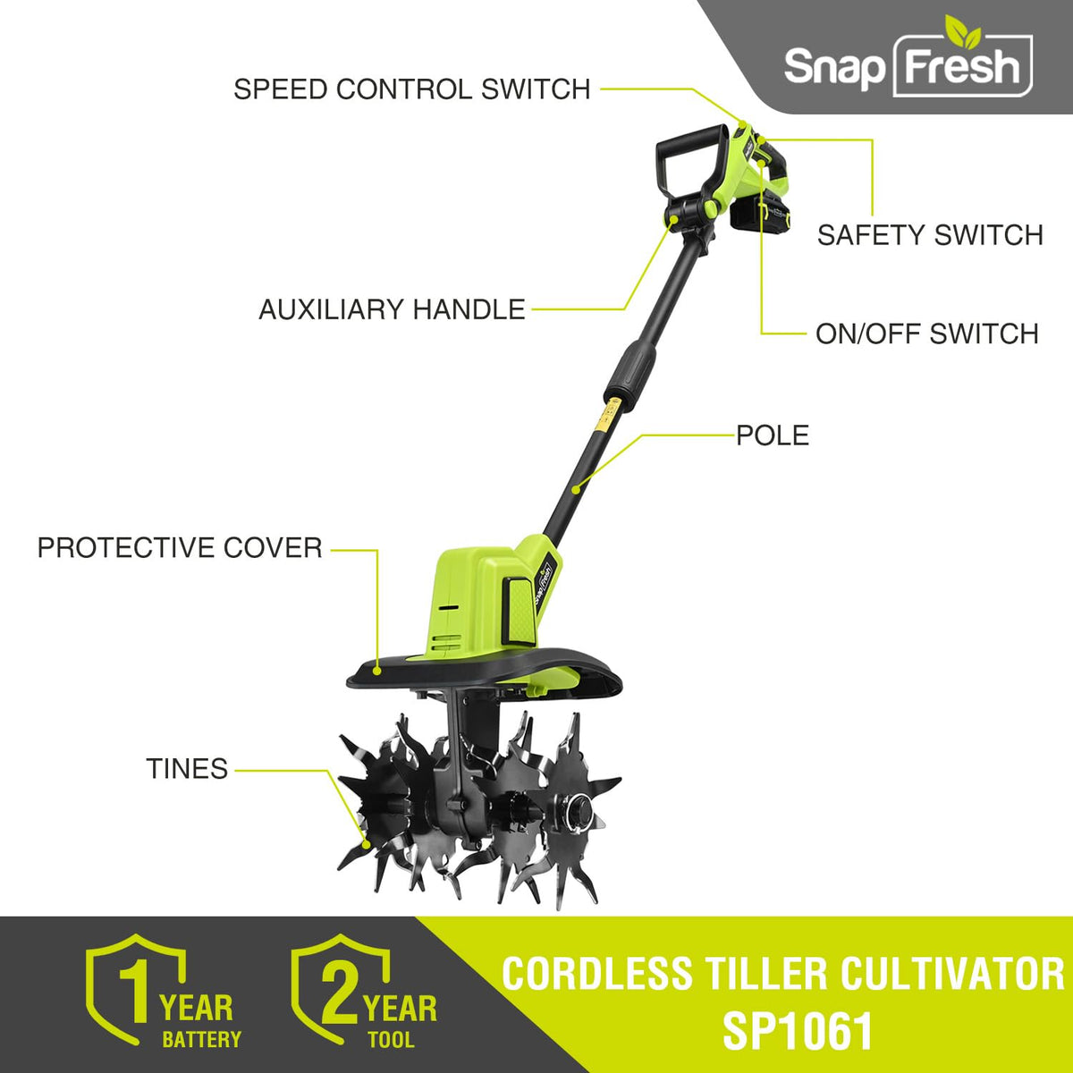 SnapFresh 20V cordless tiller with battery included for ready-to-use gardening.