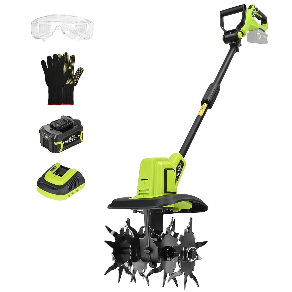 SnapFresh 20V cordless tiller compact design for easy storage and maneuverability.