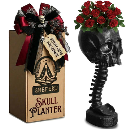 Sneferu Skull Planter spine full view for dramatic gothic centerpiece