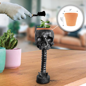 Sneferu skull planter as table centerpiece for Halloween decor