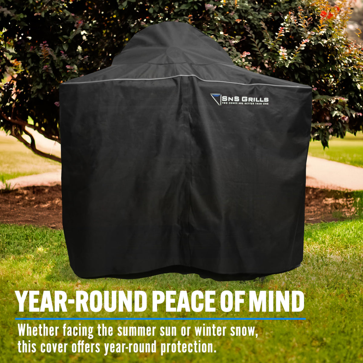 Slow 'N Sear MasterKettle cover highlights durable weatherproof material for year-round protection.