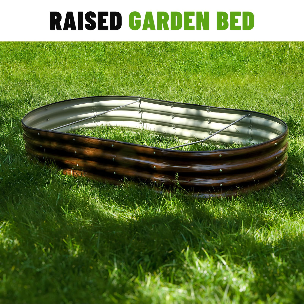 SnugNiture brown outdoor garden bed shown in a garden setting.