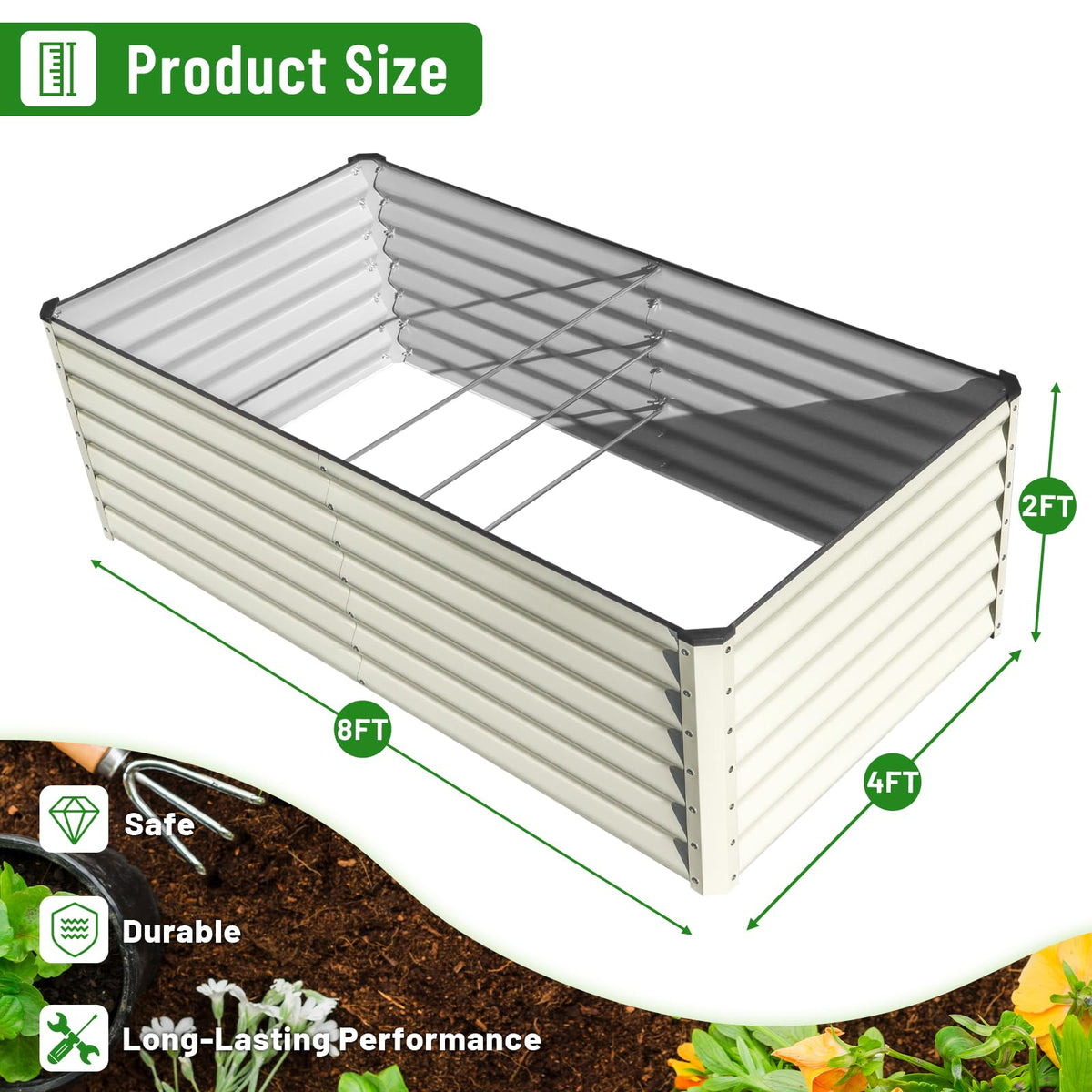 Durable galvanized steel frame highlights sturdy construction for outdoor vegetable or flower beds.