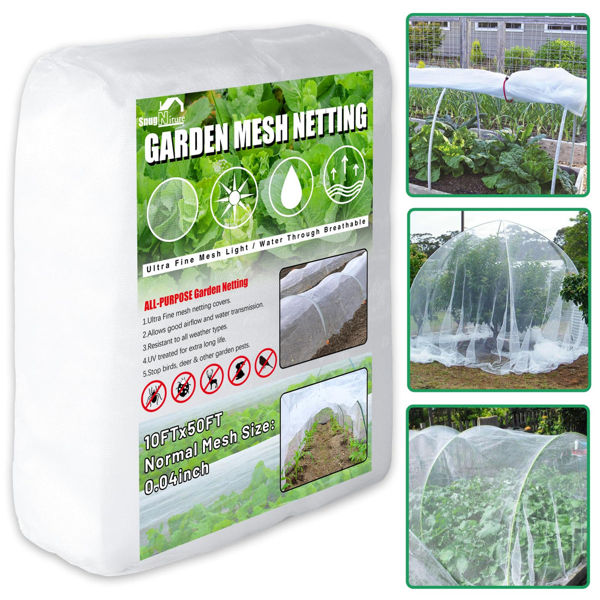 SnugNiture garden netting covers a 10x50ft area with ultra-fine mesh.