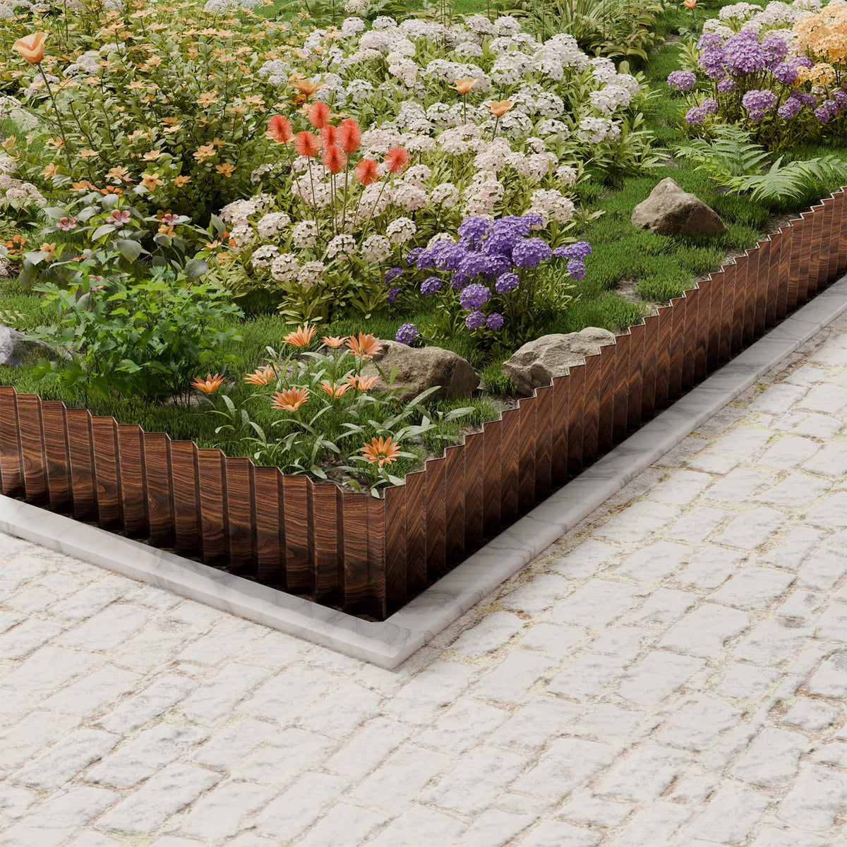 SnugNiture metal border edging separating lawn from planting area.
