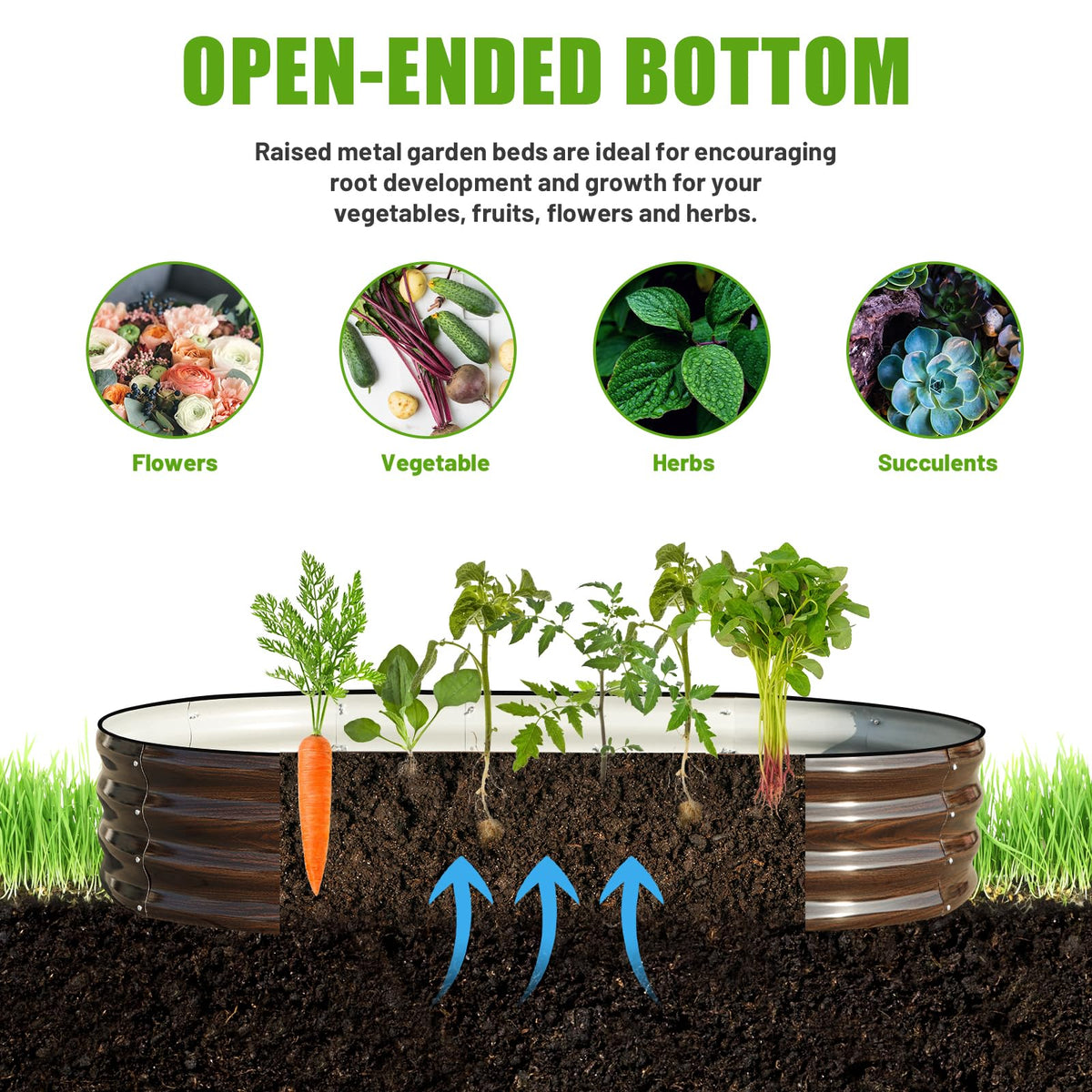 SnugNiture open-base galvanized planter ensuring drainage and mobility.