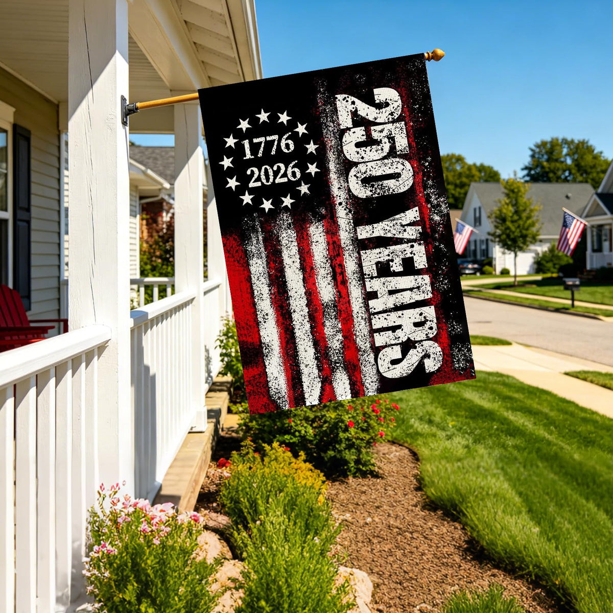 Snungee 250th Anniversary Flag double-sided print reads from both sides.
