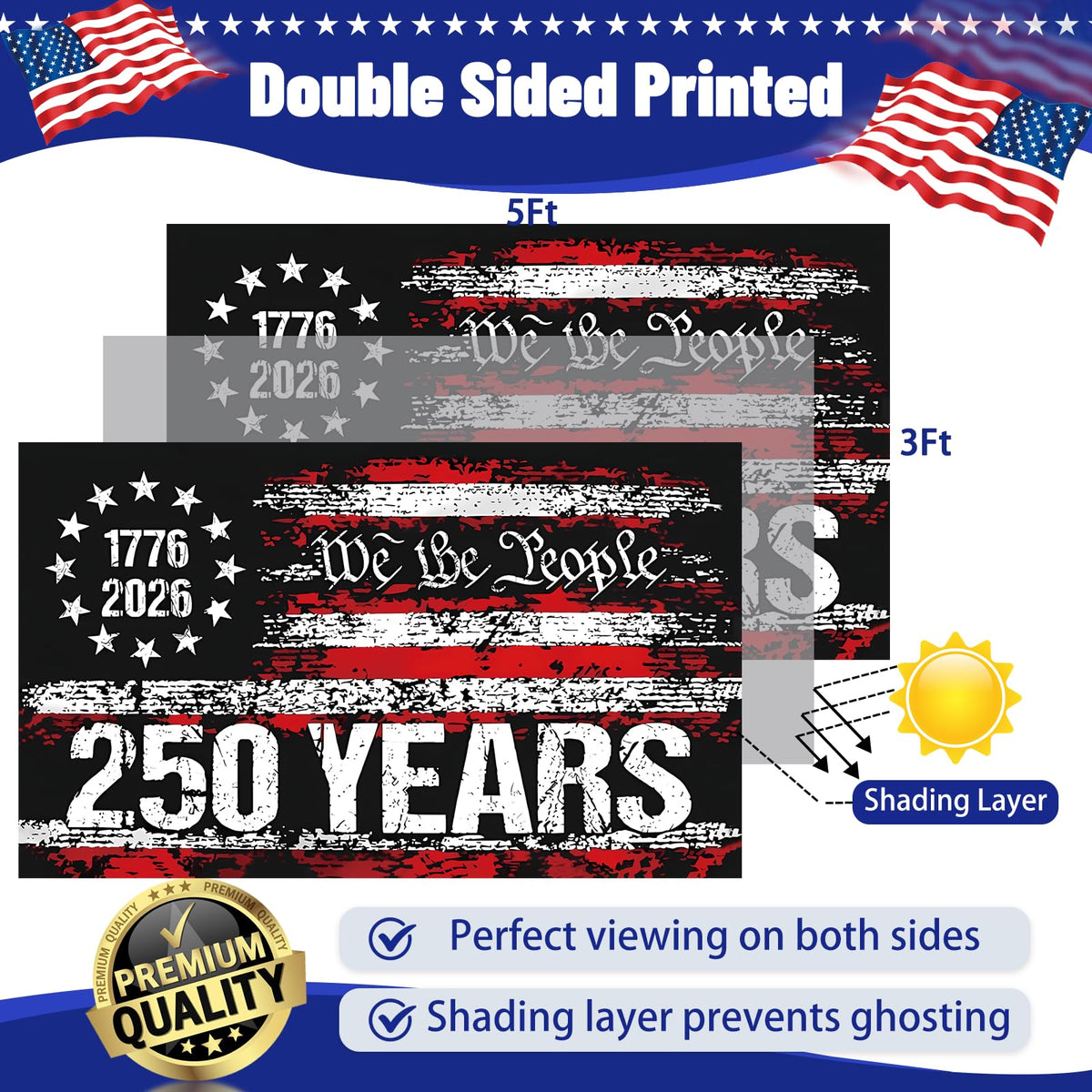 Snungee 250th Anniversary USA flag, double-sided close-up, vibrant outdoor visibility.