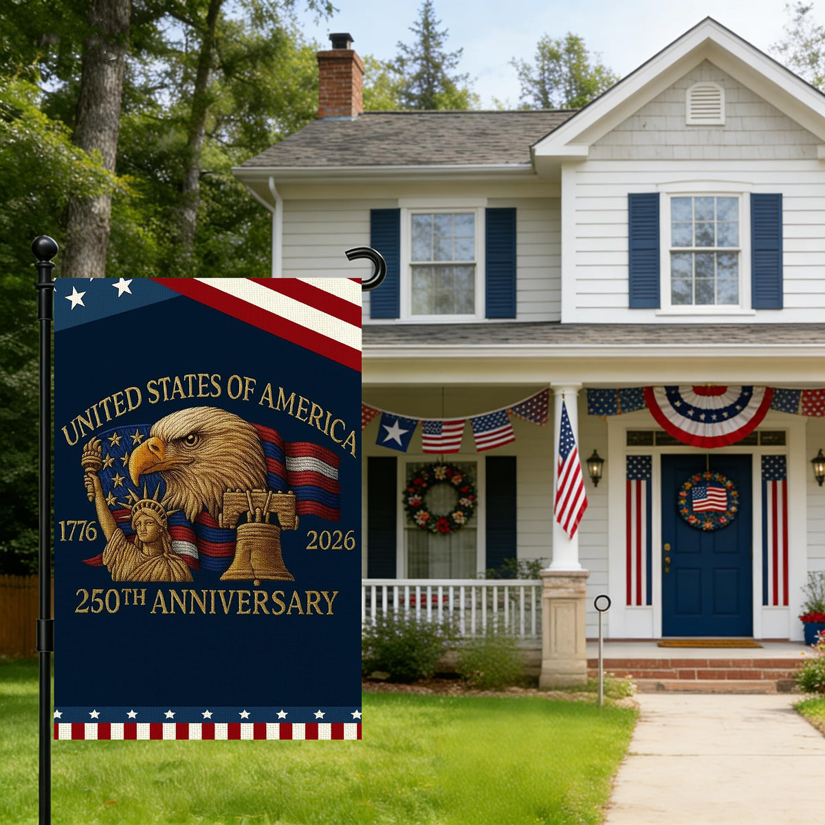 Snungee flag featuring eagle and Statue of Liberty design for yard decor.