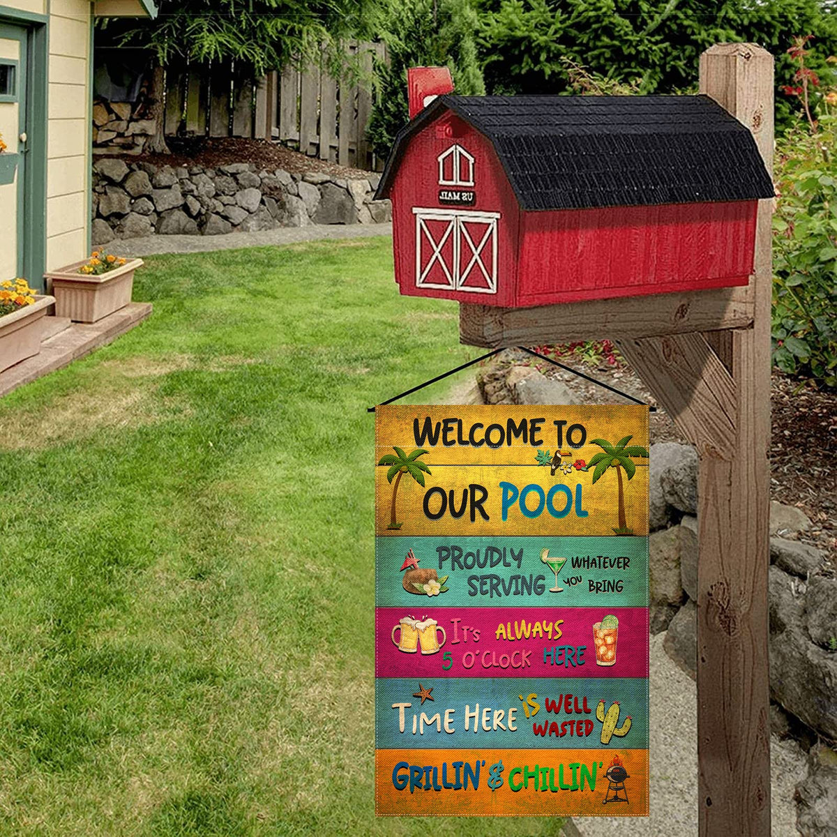 Snycler backyard bar flag decor for outdoor entertaining spaces