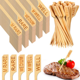 Soaoo bamboo temperature picks in assorted styles for precise doneness labeling on steaks.