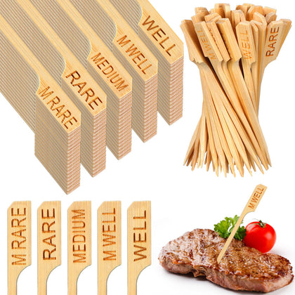 Soaoo bamboo temperature picks in assorted styles for precise doneness labeling on steaks.