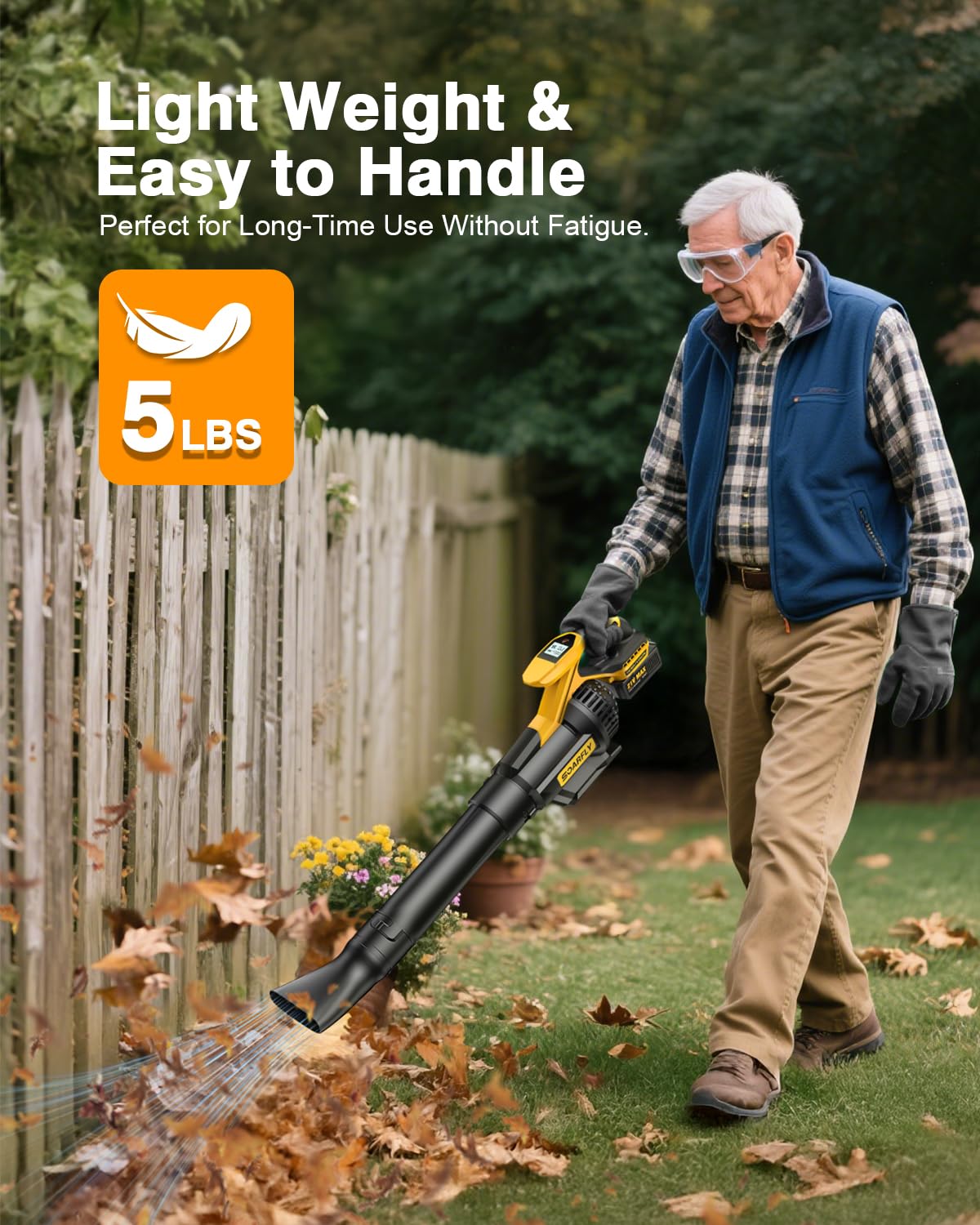 SOARFLY cordless, lightweight design enhances mobility during yard chores.