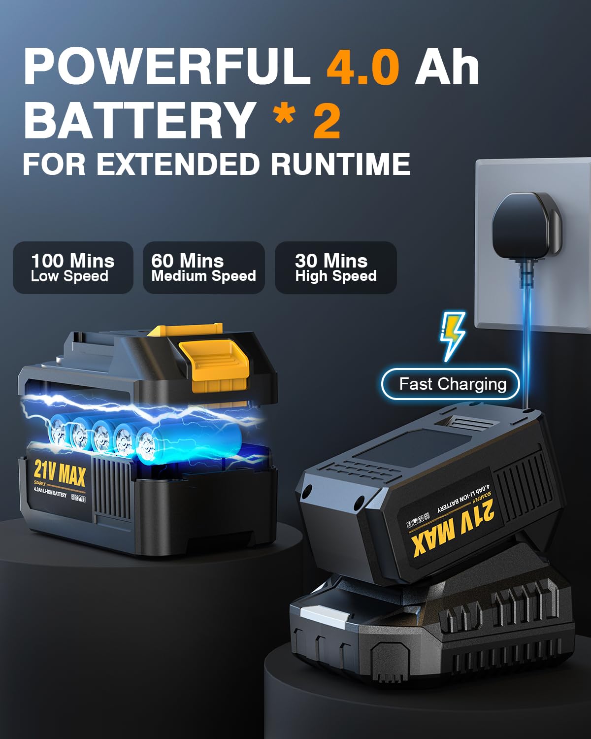 SOARFLY dual 4.0Ah batteries provide extended runtime and quick recharge.
