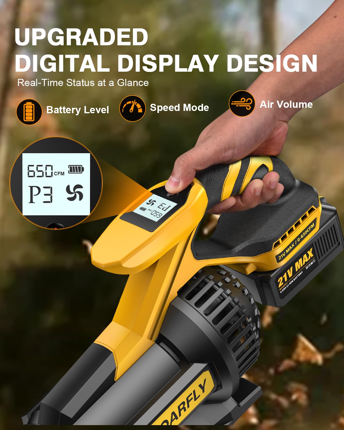 SOARFLY high-performance motor delivers up to 150 mph for quick debris clearing.