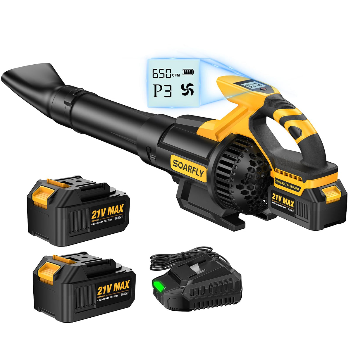 SOARFLY leaf blower with LCD display shows wind speed, battery status, and mode at a glance.