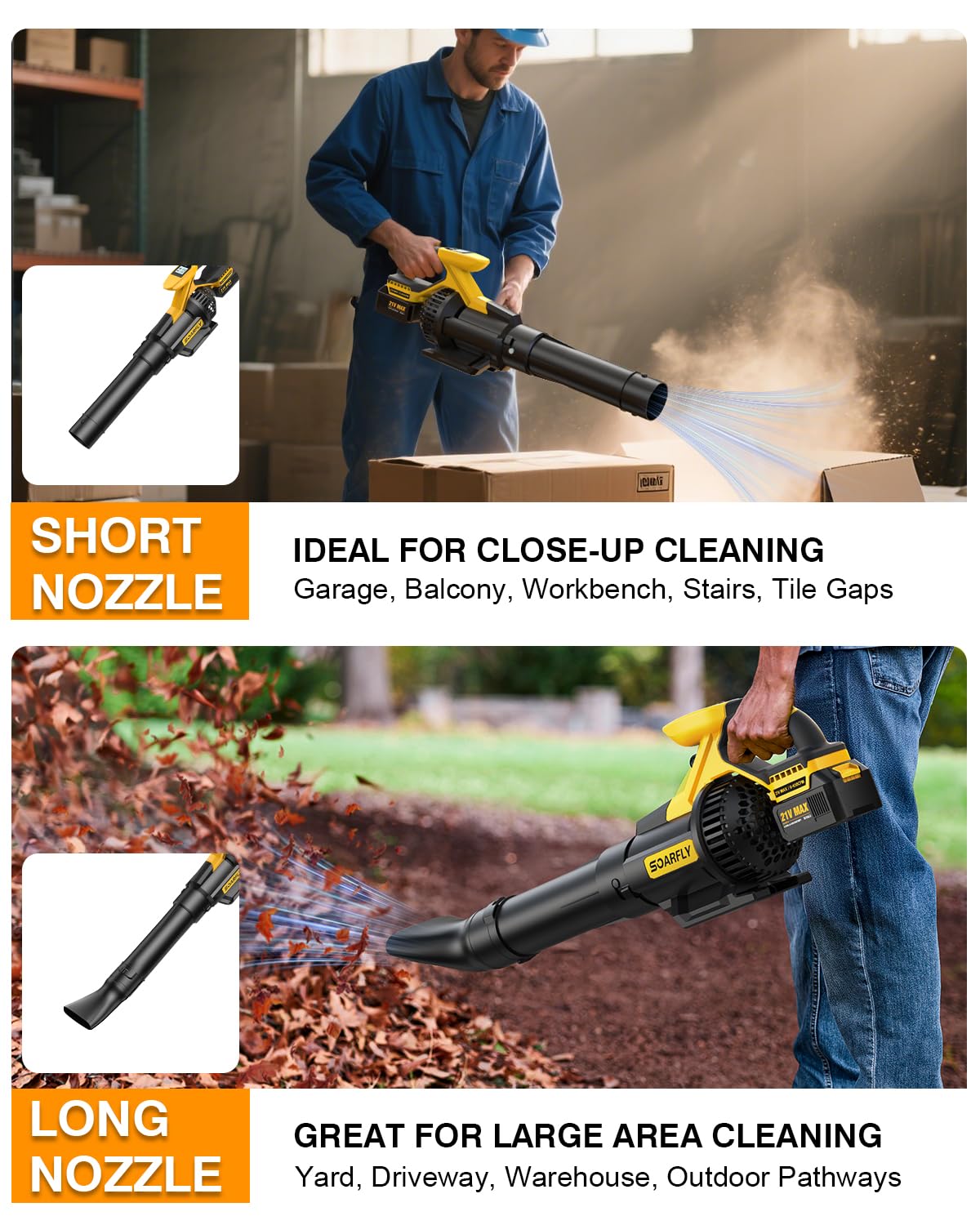 SOARFLY short nozzle provides focused, powerful blowing for tough debris.