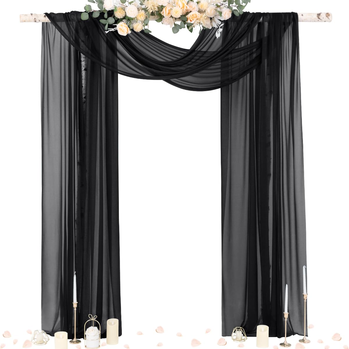 Socomi black sheer Gothic draping on an arch creating an elegant wedding backdrop.