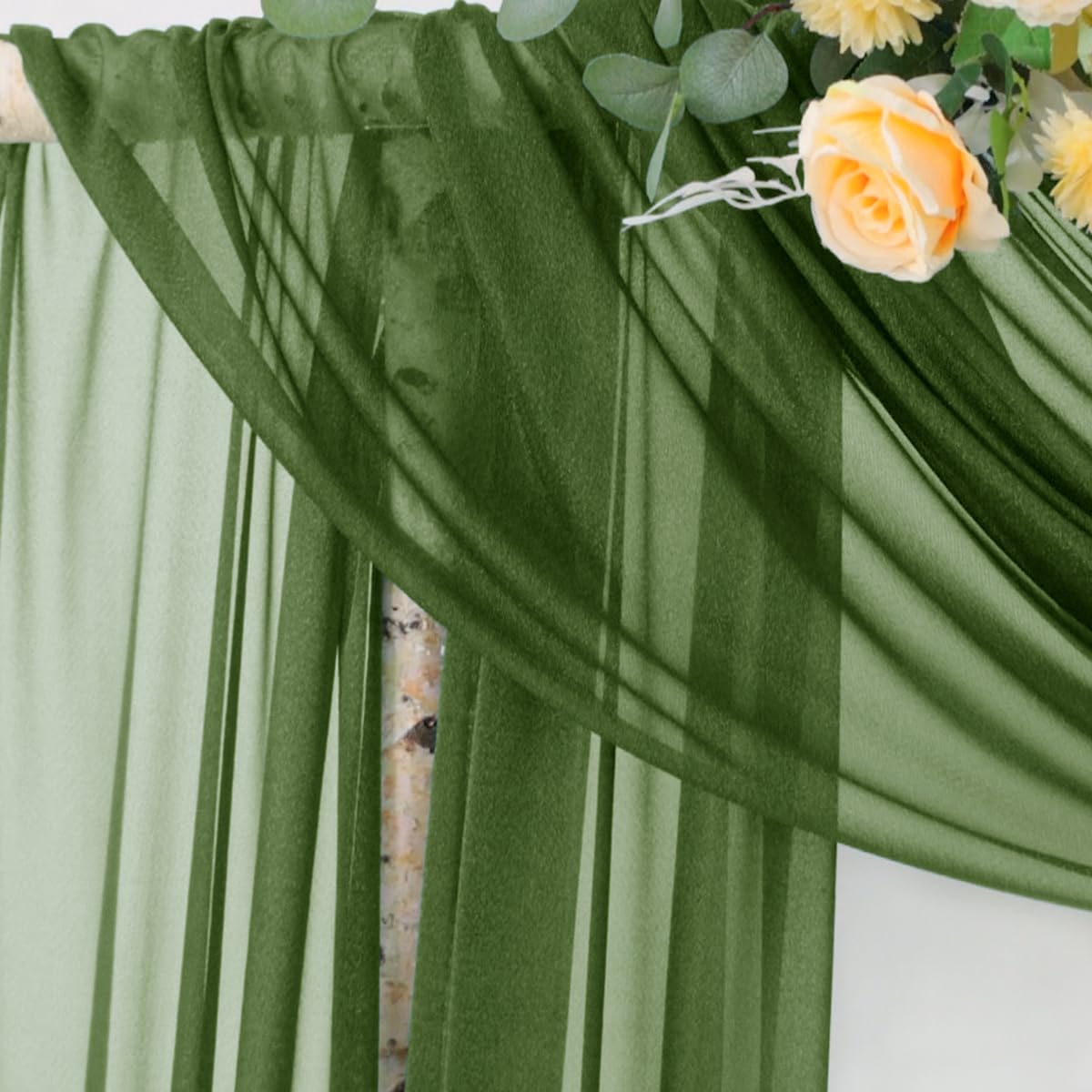 Socomi olive green arch draping panel flowing sheer fabric ideal for photos.