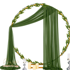 Socomi olive green arch draping panel outdoor ceremony backdrop in natural light.