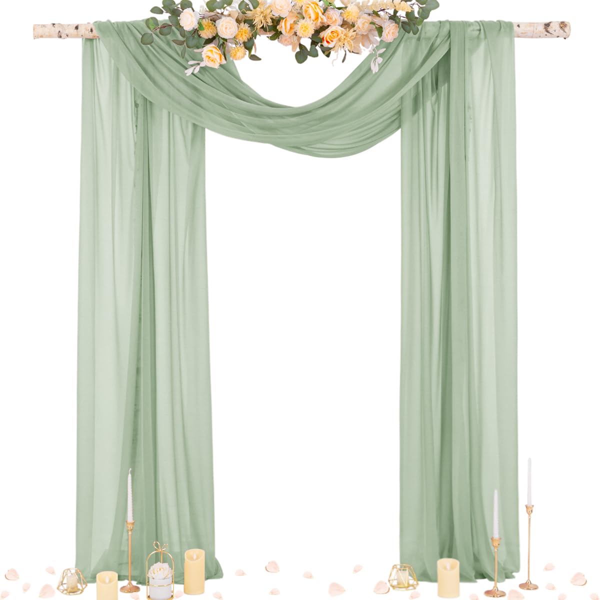 Socomi Sage Green sheer arch drape accents ceremony backdrop with soft folds
