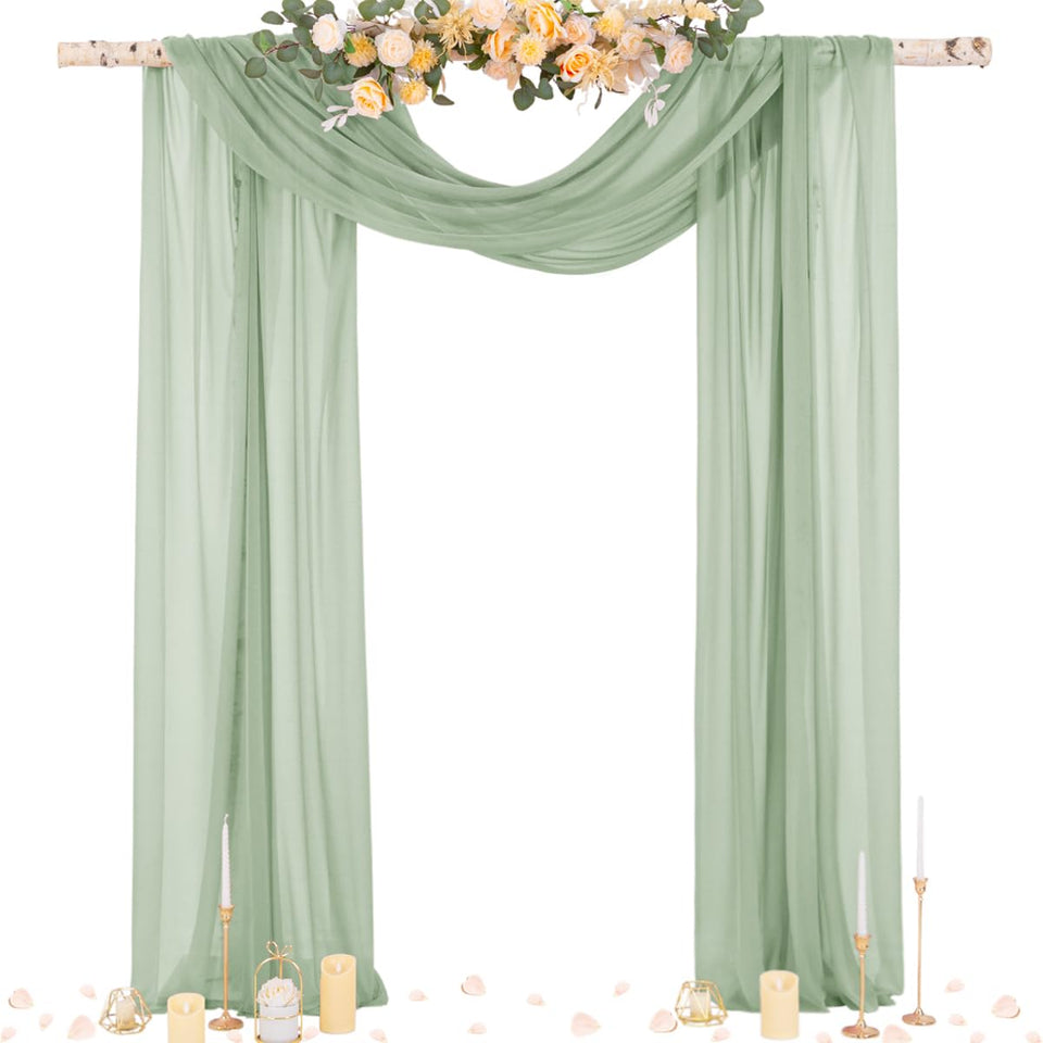 Socomi Sage Green sheer arch drape accents ceremony backdrop with soft folds