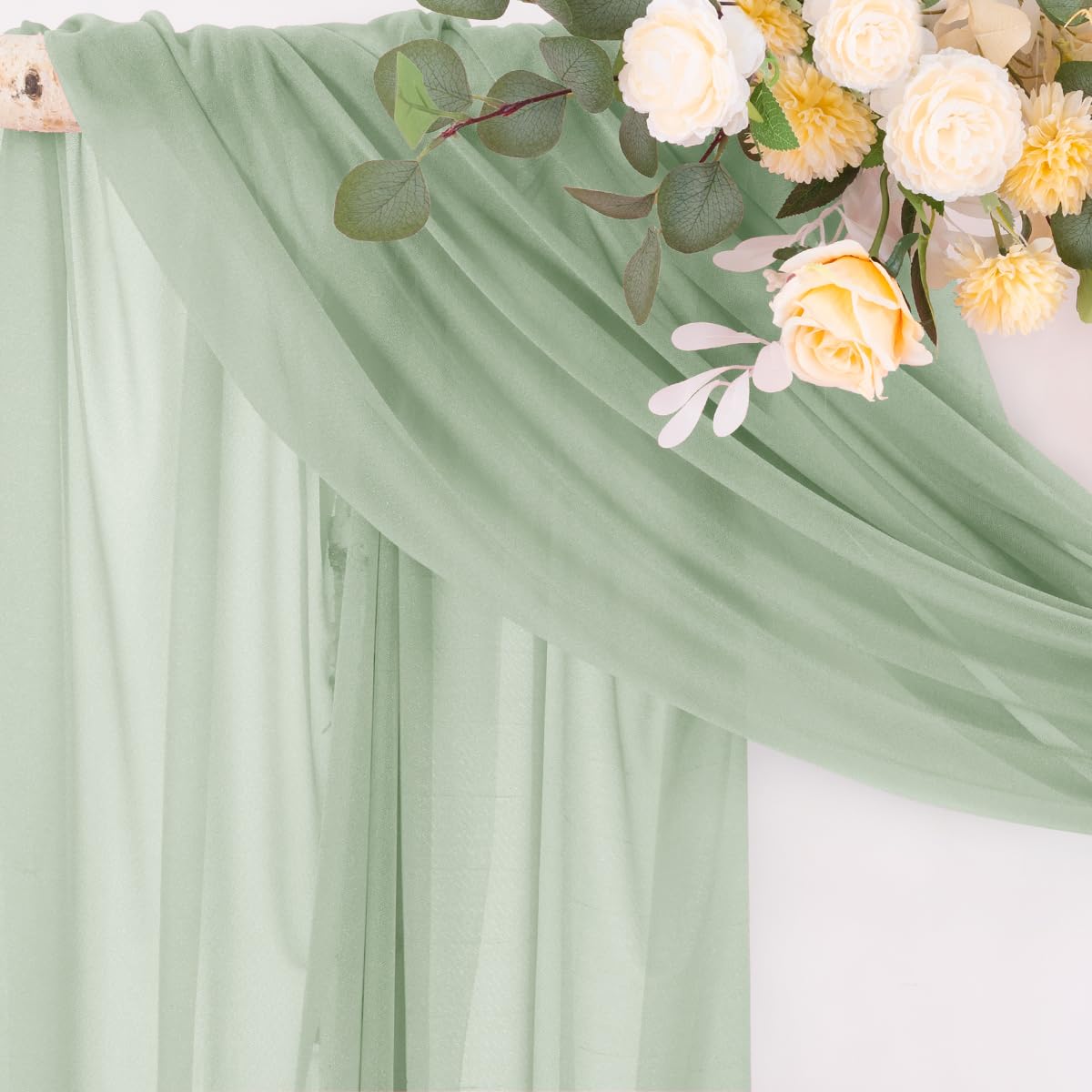 Socomi Sage Green sheer fabric close up showing silky texture and wrinkle free look