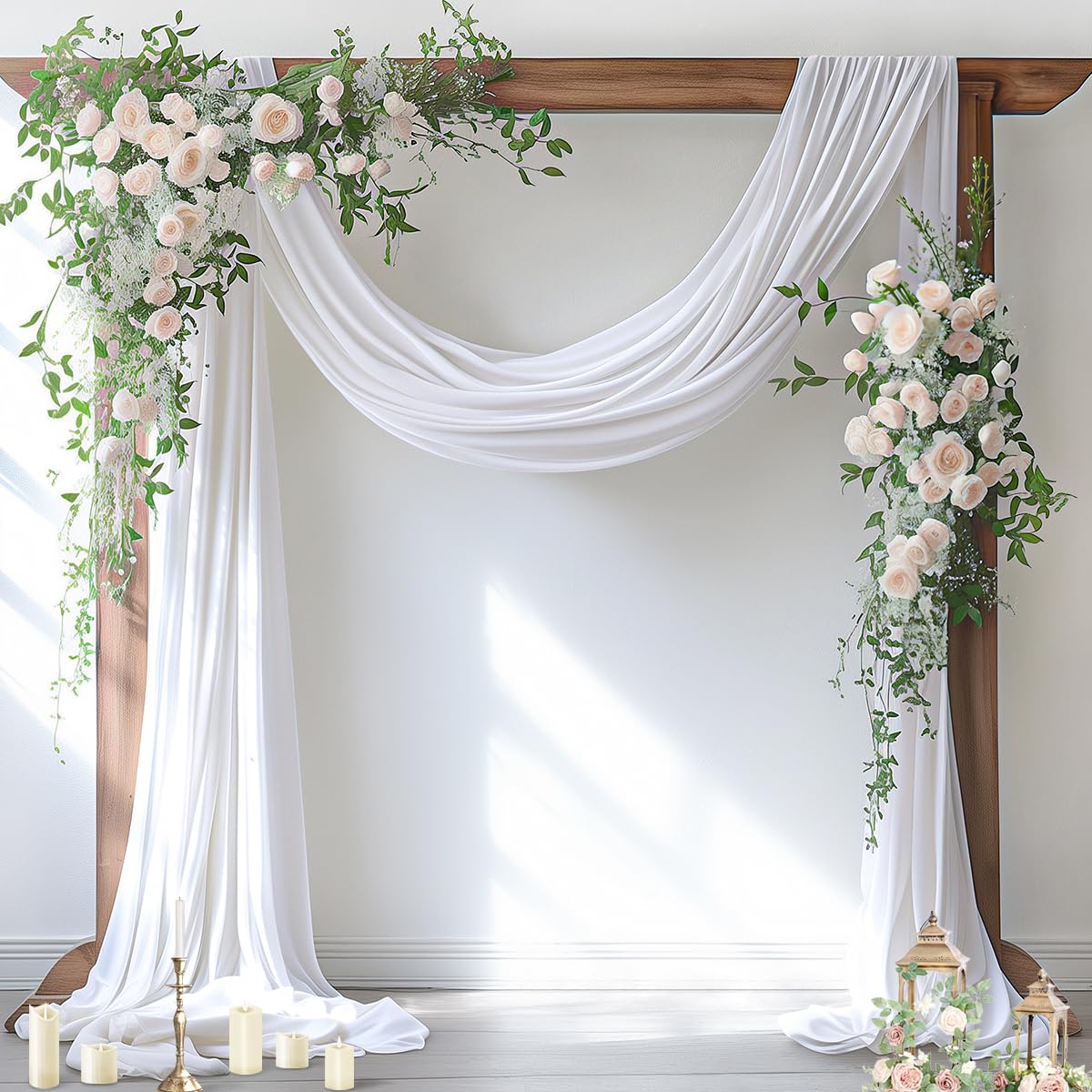 Socomi white sheer arch draping fabric panel closeup for a soft, elegant ceremony backdrop.