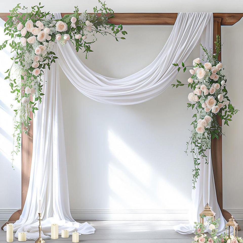 Socomi white sheer arch draping fabric panel closeup for a soft, elegant ceremony backdrop.