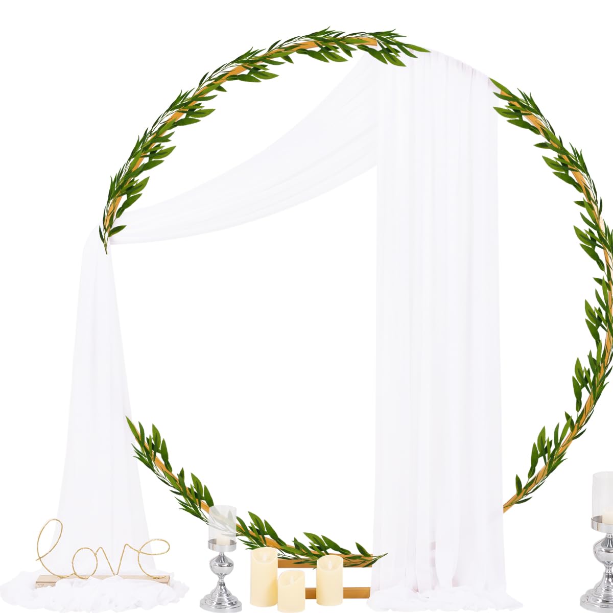 Socomi white sheer arch draping fabric panel draped over arch for romantic floor-sweeping folds.
