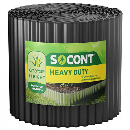 SOCONT corrugated garden edging in black, front view showing a tidy lawn border.