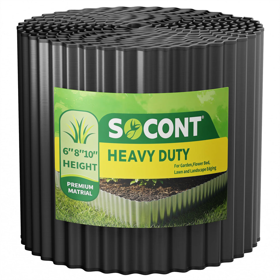 SOCONT corrugated garden edging in black, front view showing a tidy lawn border.