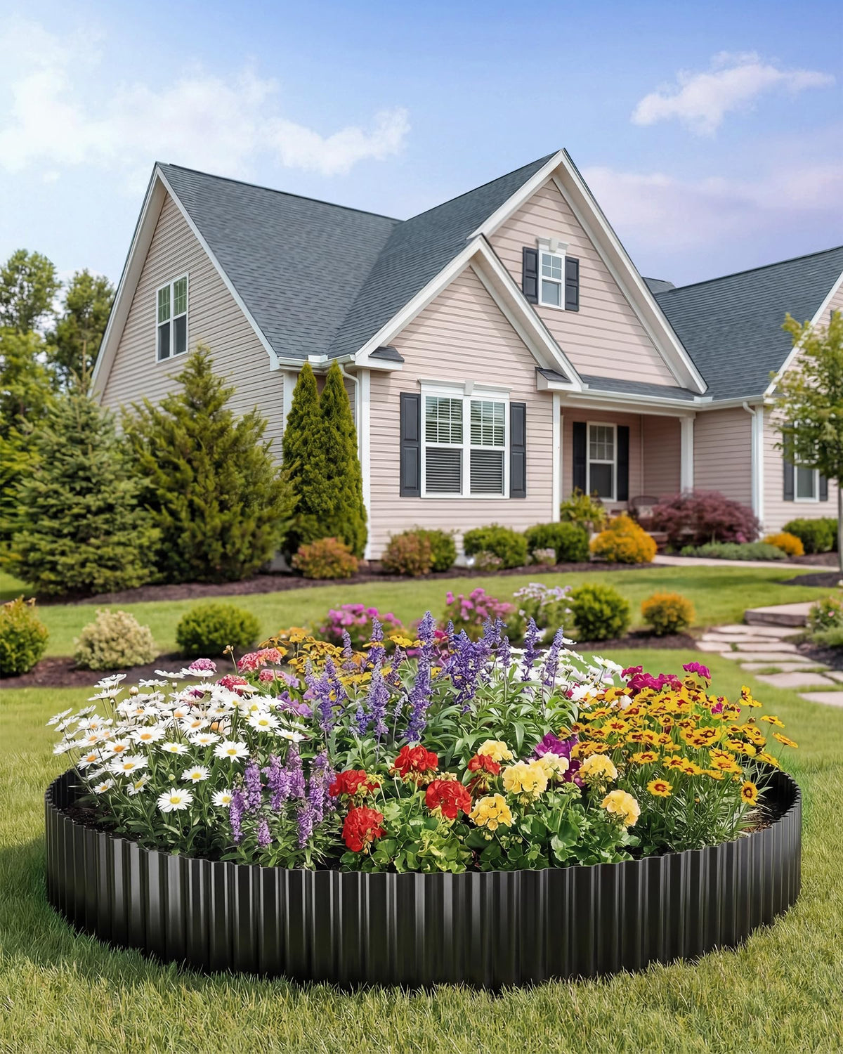 SOCONT corrugated metal edging in black, close-up edge for defined flower beds.