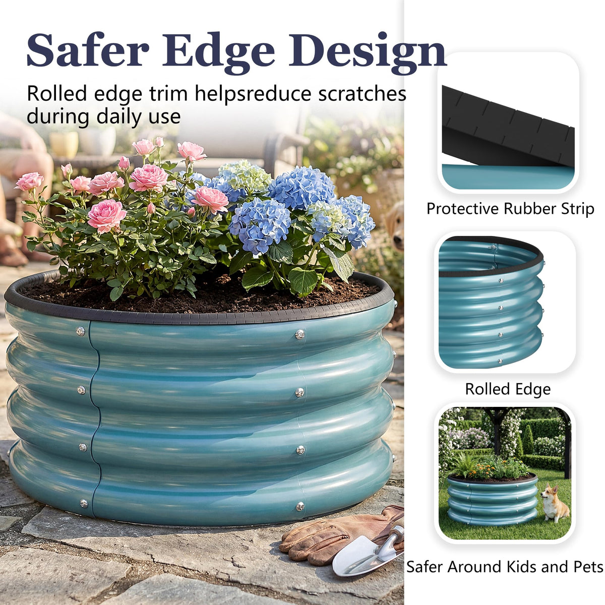 SOCONT blue round bed assembled in a backyard setting for easy use
