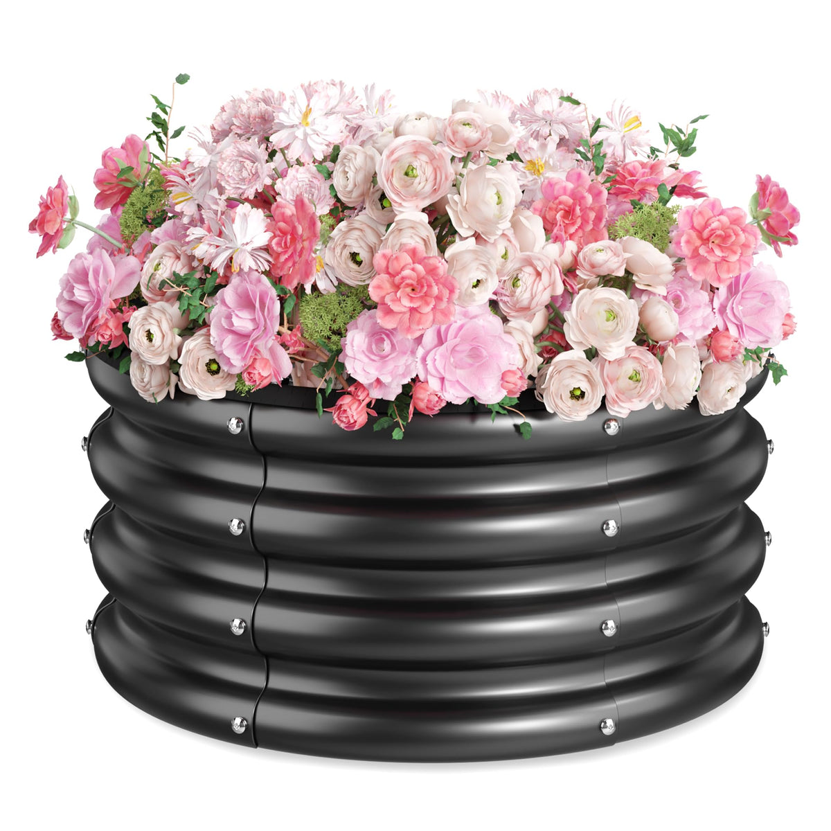 SOCONT round raised garden bed, black outer view, durable galvanized steel.